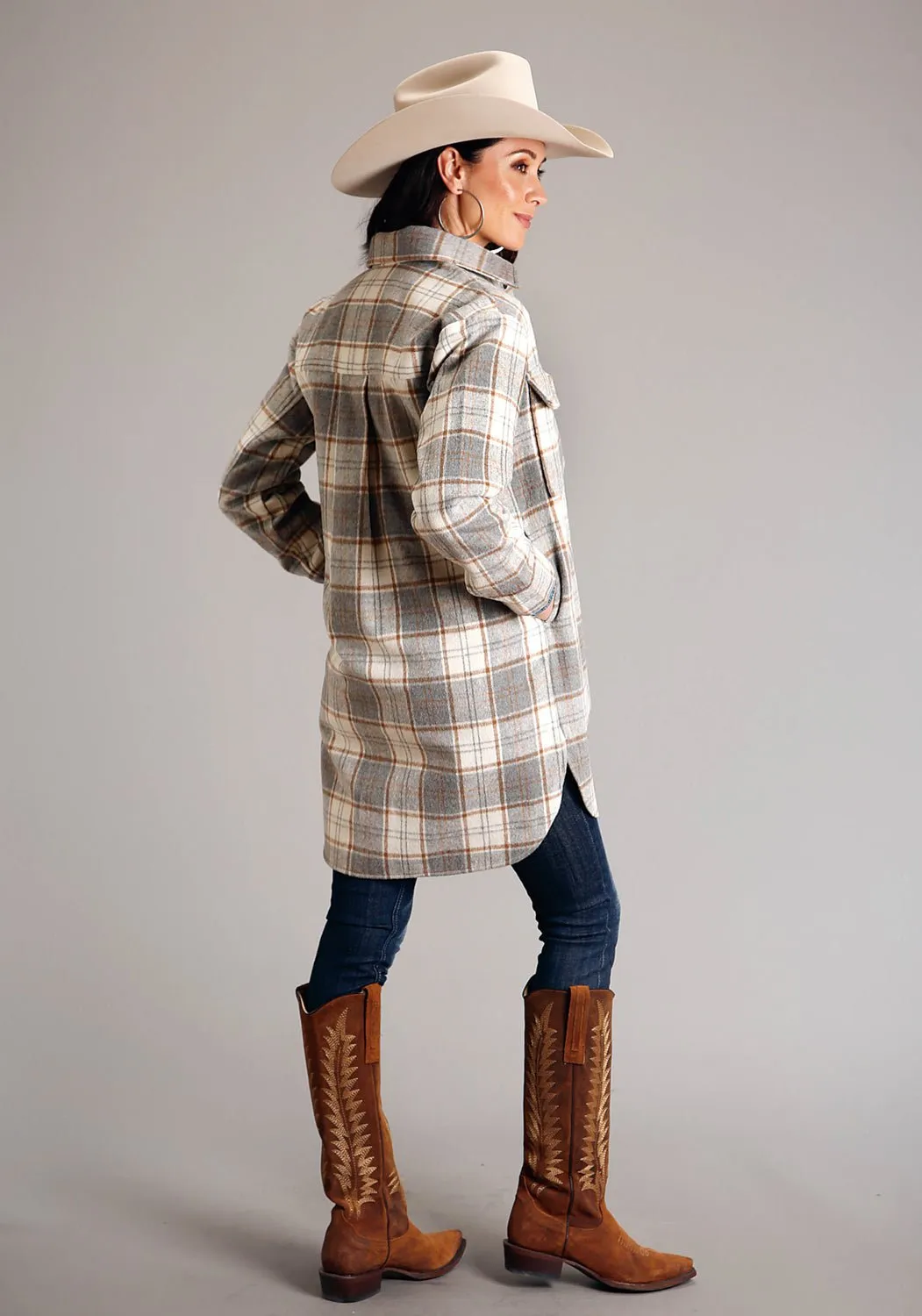 Stetson Womens Neutral Plaid Oversized Grey Poly/Wool Jacket Traveler Gear Stretch Creative Look Vintage Lover Loose