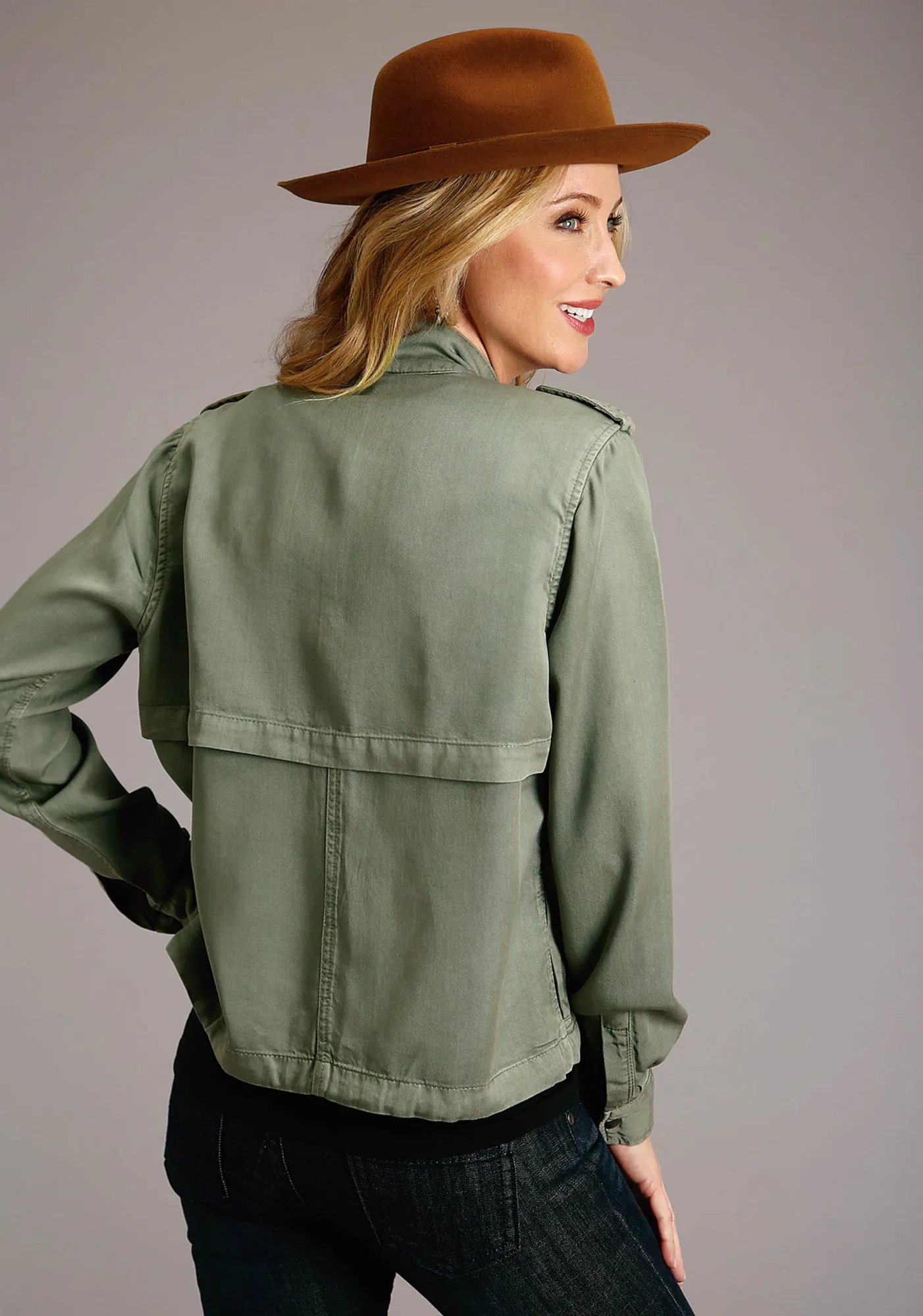 Stetson Womens Olive Green Denim Bomber Style Jacket Chic Fit