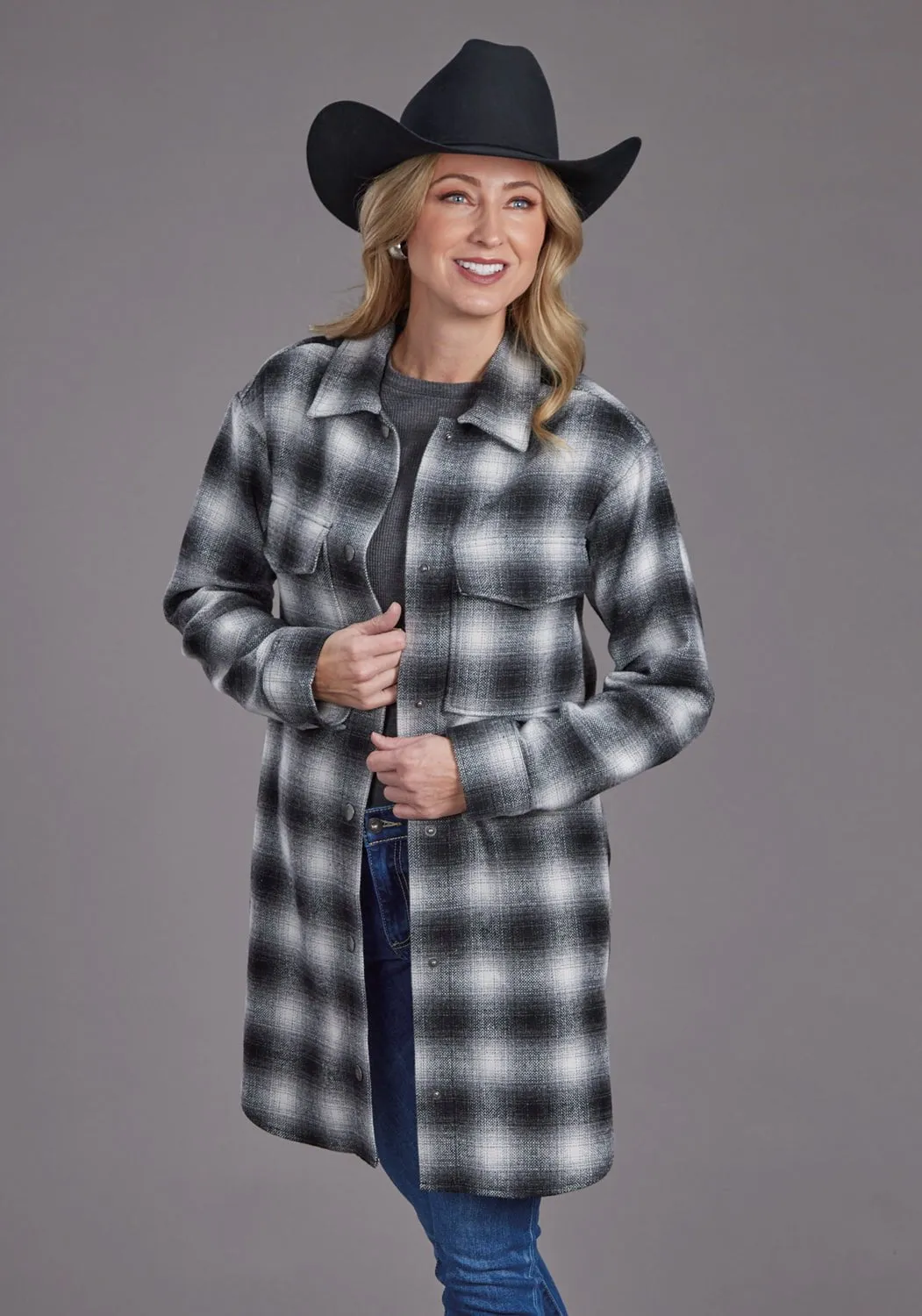 Stetson Womens Ombre Oversized Plaid Black Poly/Wool Jacket Quality Basic Earthy Streetwear Fan Nature Lover