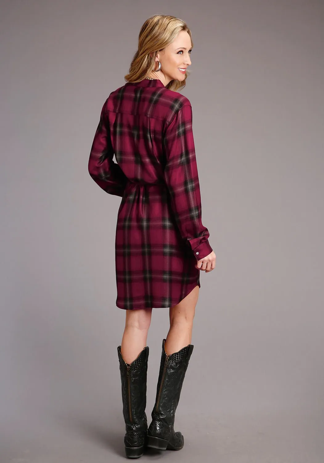 Relaxed Style Bold Minimalist Night Out Smooth Stetson Womens Ombre Plaid Wine 100% Rayon L/S Dress
