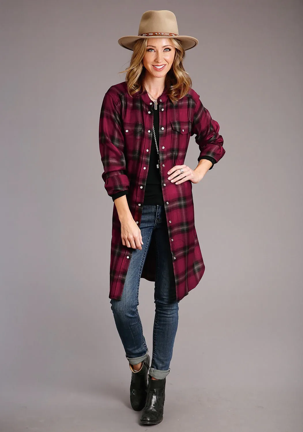 Stetson Womens Ombre Plaid Wine 100% Rayon L/S Dress Go-To Garment