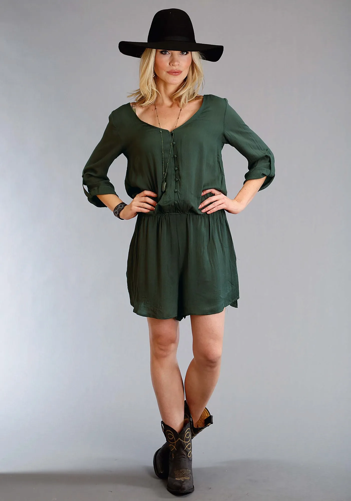 Fashionable Fit Stetson Womens Open V-Neck Olive 100% Rayon Romper