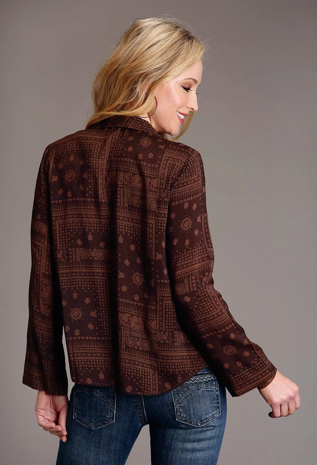Soft Material Polo Style Stetson Womens Patchwork Bandana Brown 100% Rayon L/S Blouse