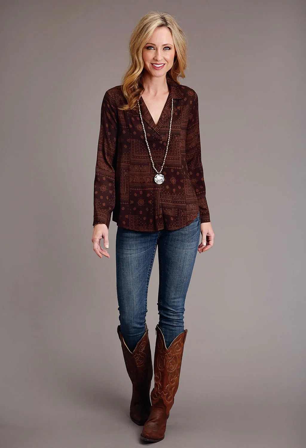 Stetson Womens Patchwork Bandana Brown 100% Rayon L/S Blouse Button-up