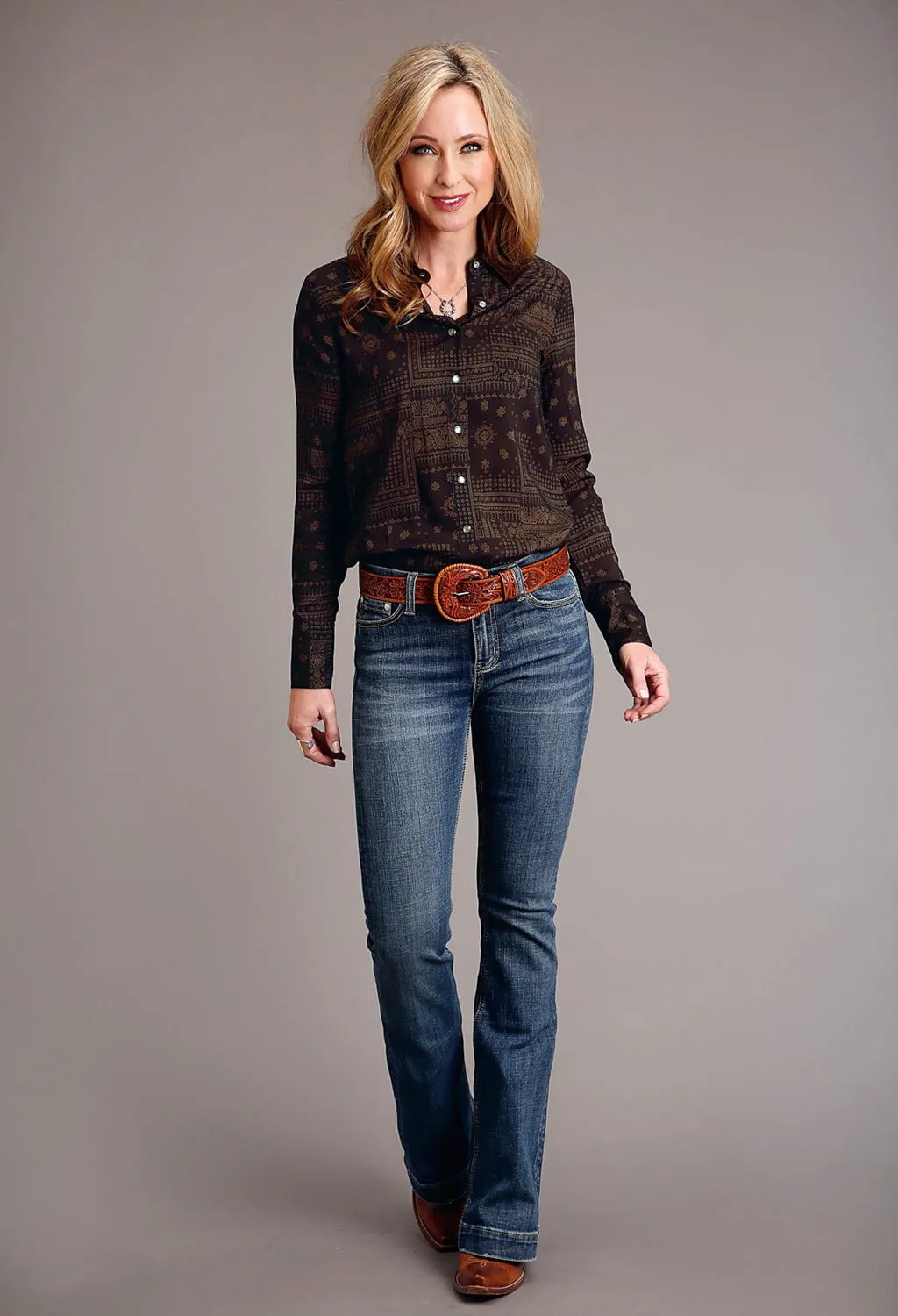 Tall Option Lounge Wear Stetson Womens Patchwork Bandana Brown 100% Rayon L/S Shirt