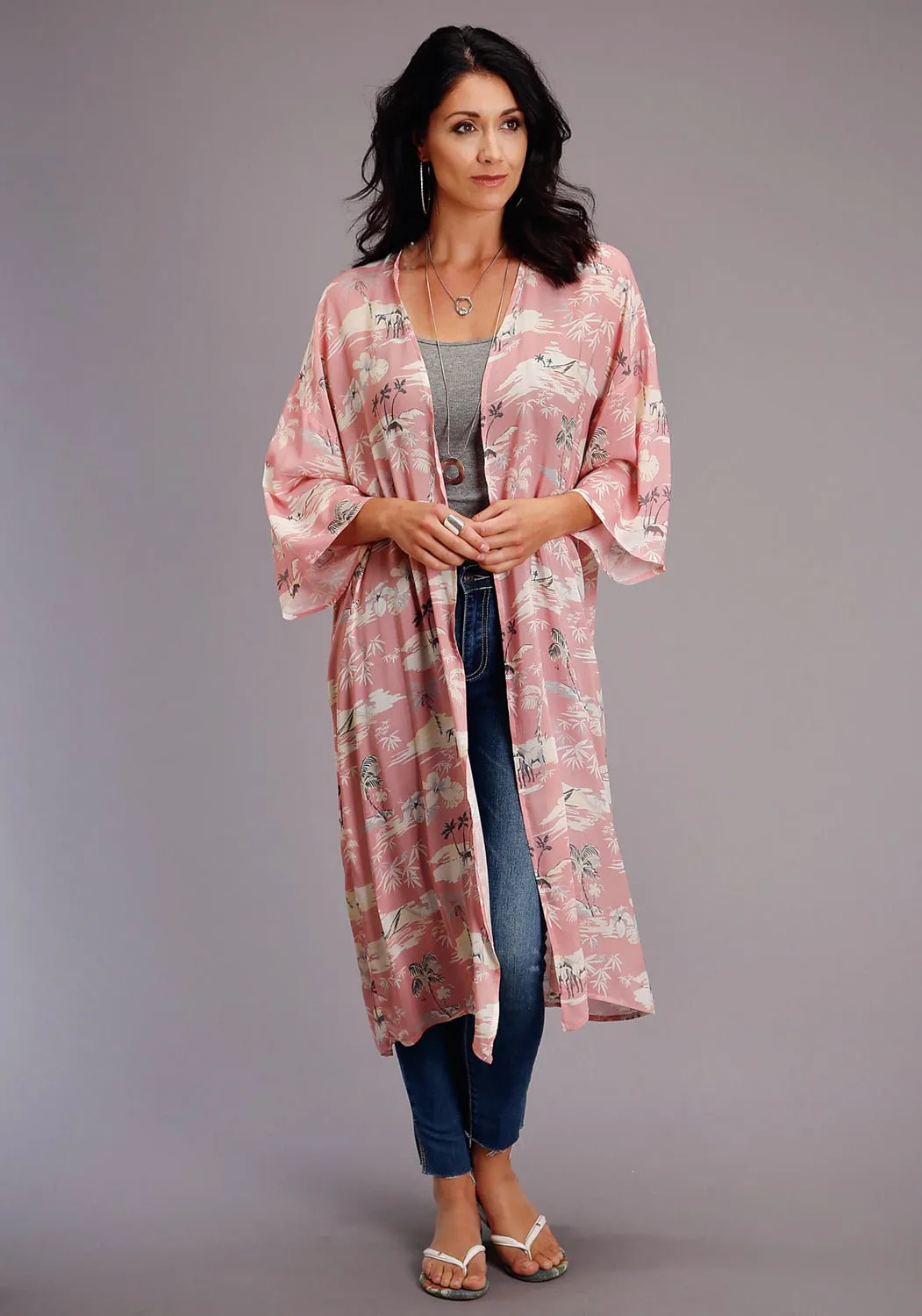 All Size Fit Stetson Womens Pink Viscose Beach Ride Kimono Cardigan