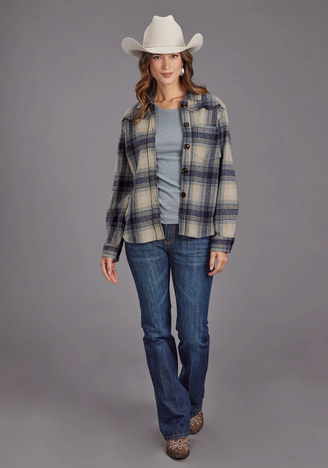 Stetson Womens Plaid Jacket Blue/Tan Poly/Wool L/S Shirt Hypoallergenic Lining Polished Look