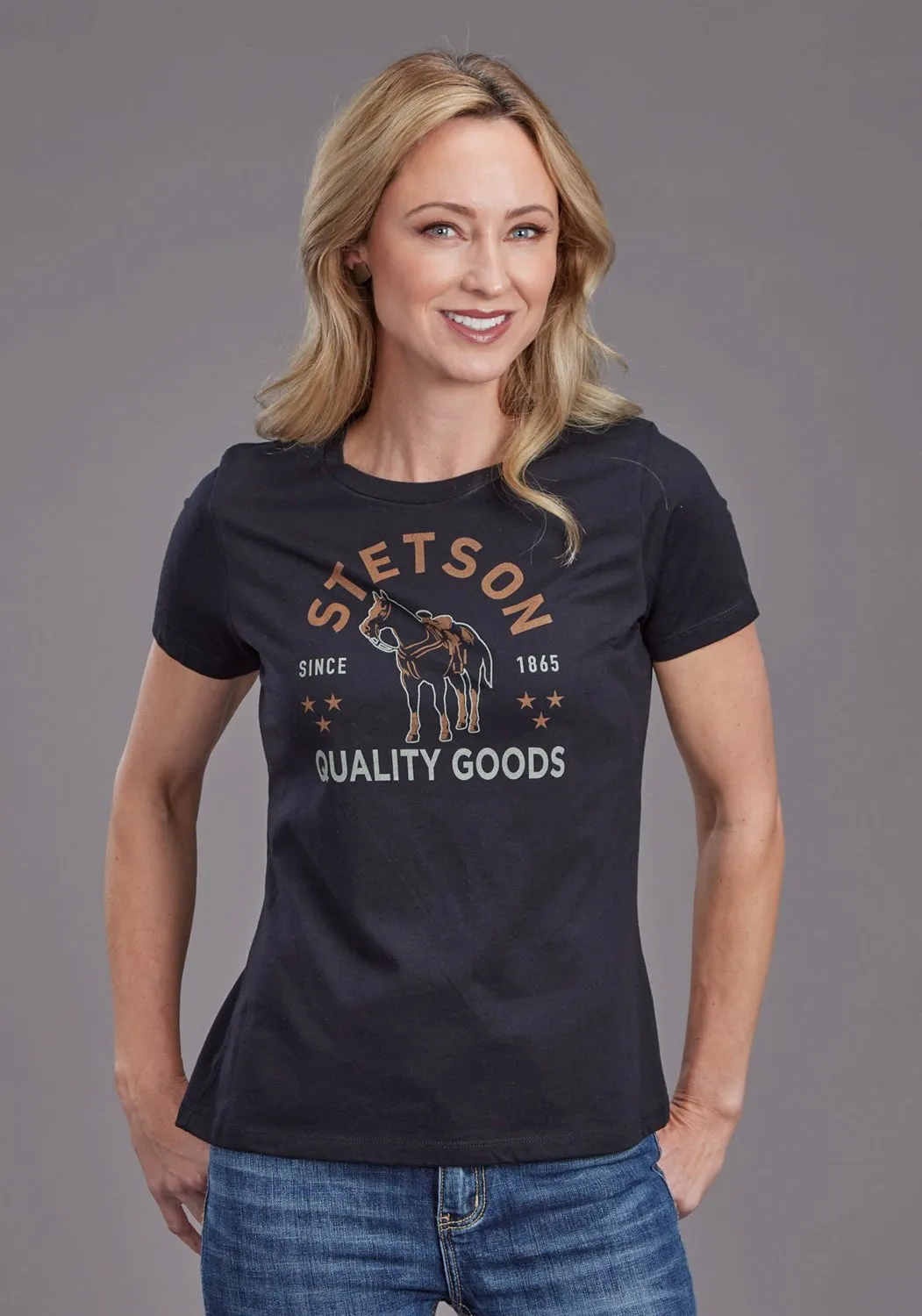 Earthy Palette Stetson Womens Quality Goods Horse Black Polyester S/S T-Shirt
