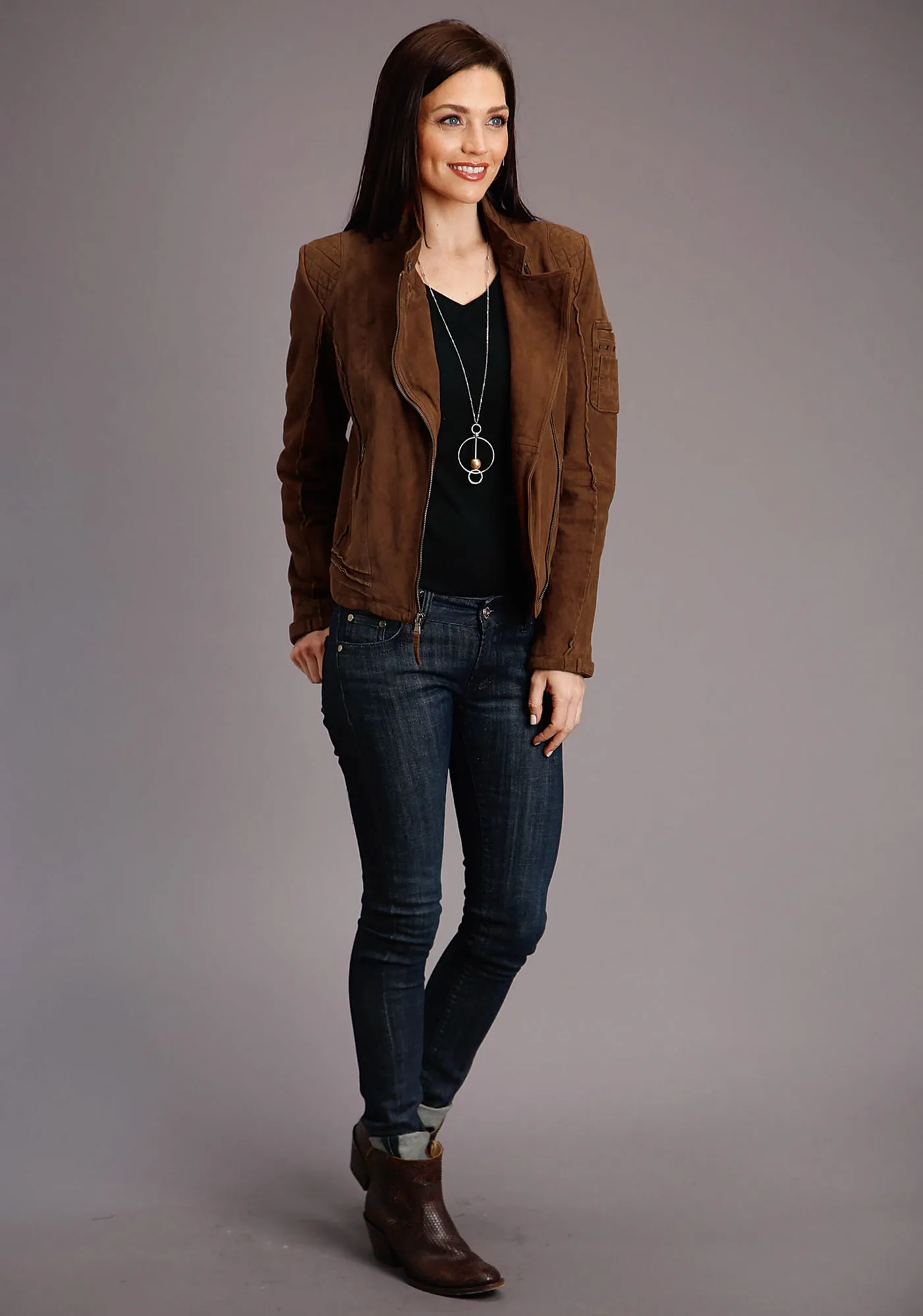 Stetson Womens Red Brown Leather Raw Motorcycle Jacket Tailored Design