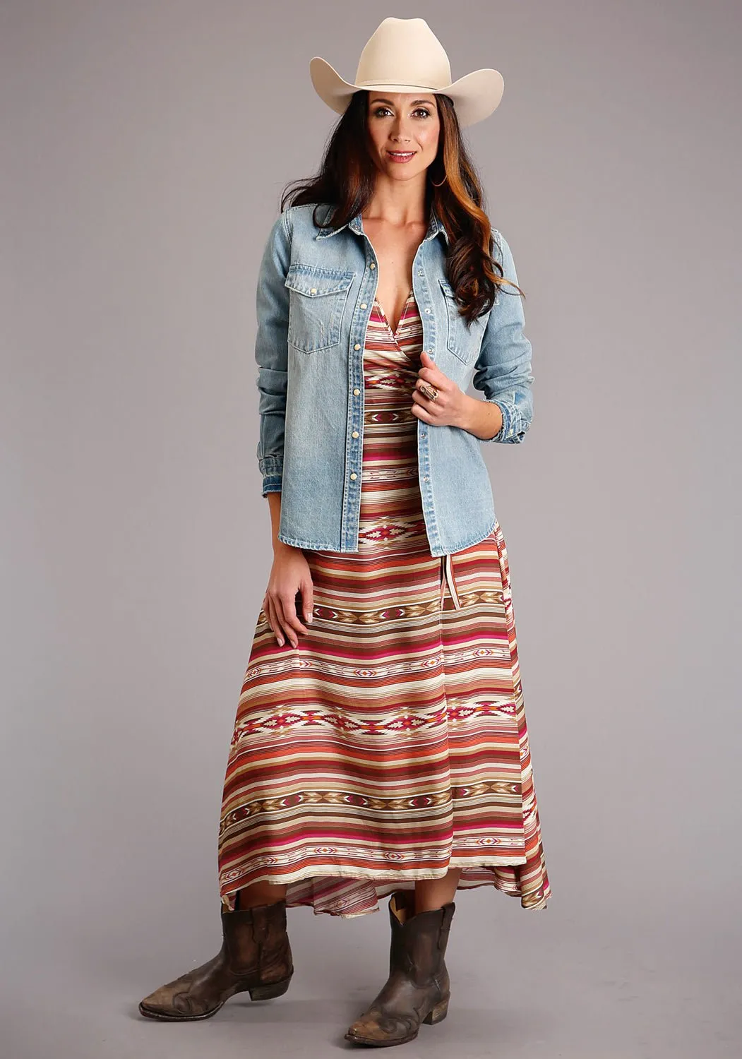 Stetson Womens Red Multi-Color Rayon/Nylon Aztec S/S Dress Spring Mood Bold