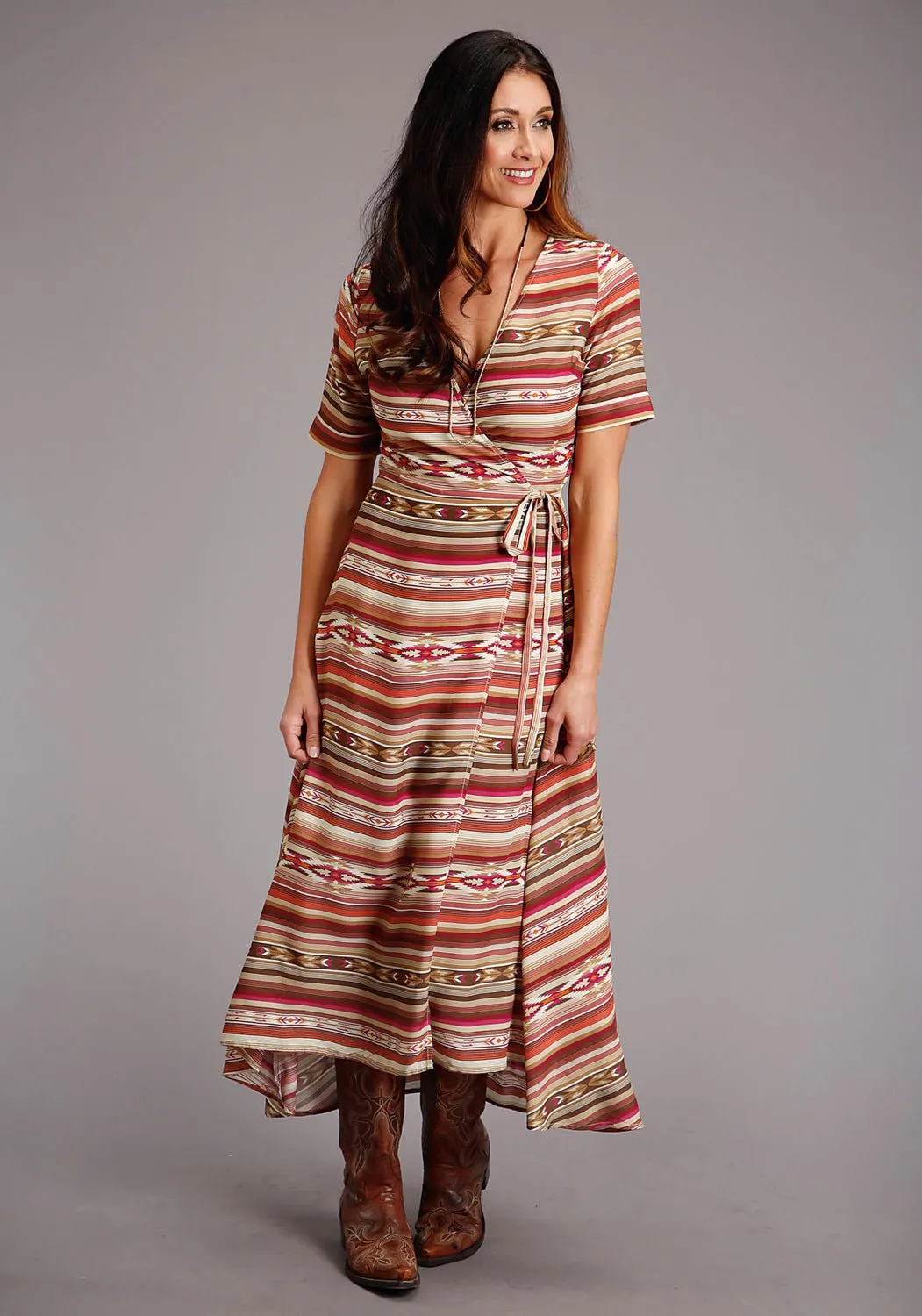 Casual Friday Parent Style Travel Outfit Smooth Texture Stetson Womens Red Multi-Color Rayon/Nylon Aztec S/S Dress