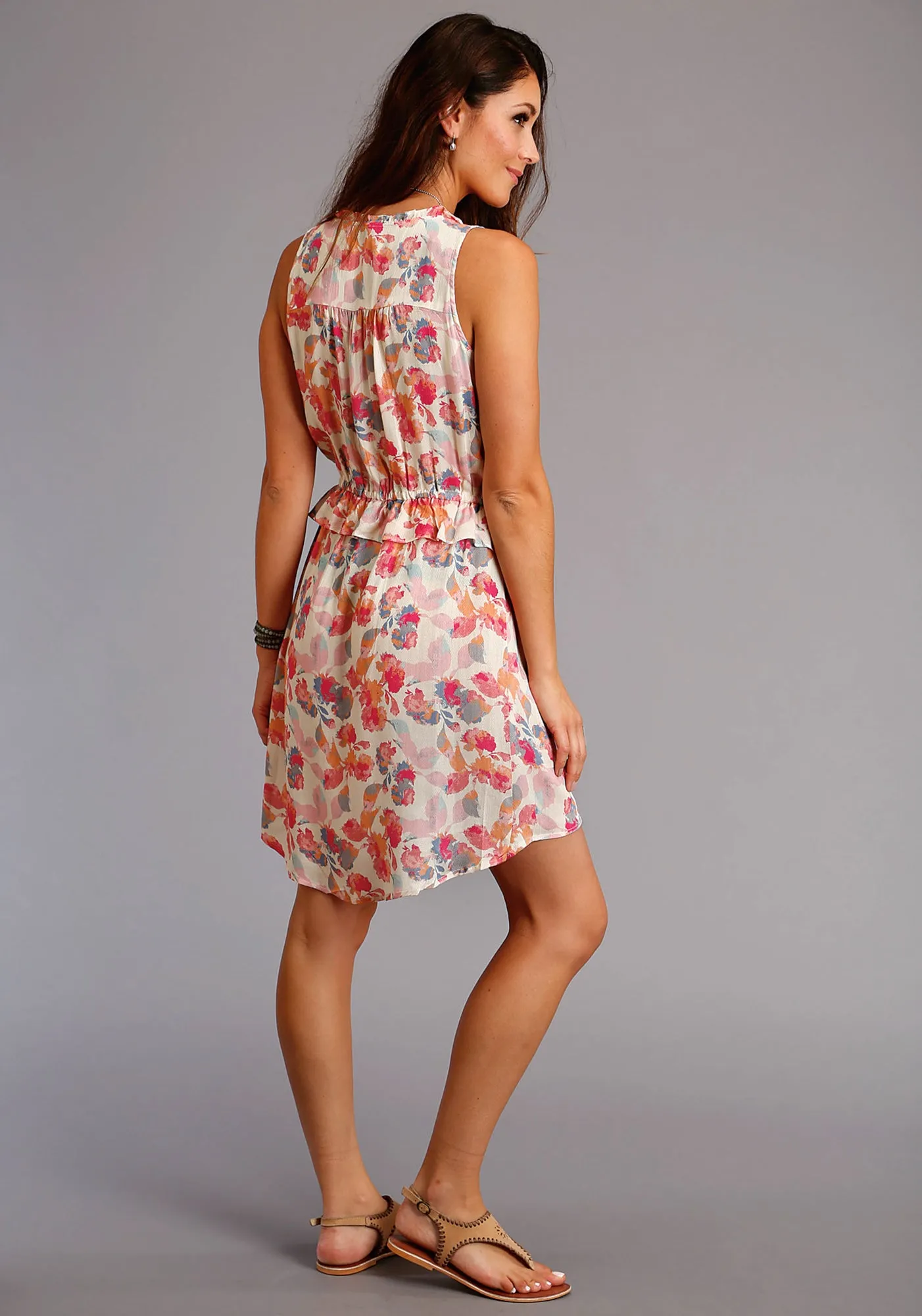 Common Wear Everyday Comfort Wear Stetson Womens Ruffle Herringbone Floral Pink 100% Rayon S/L Dress