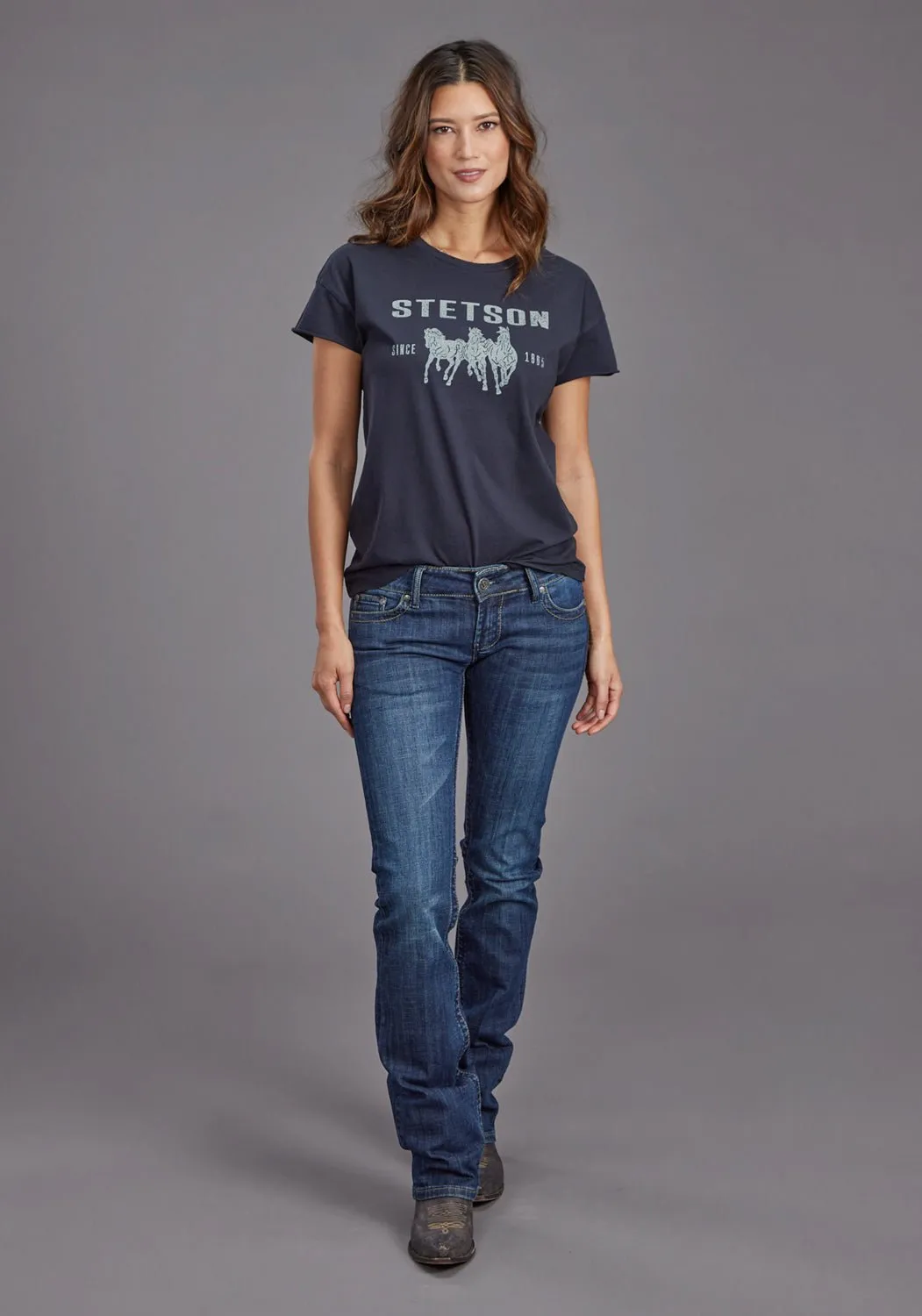 Stetson Womens Running Horses Black 100% Cotton S/S T-Shirt Statement Maker