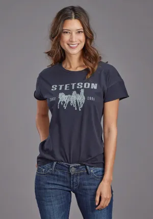 Stetson Womens Running Horses Black 100% Cotton S/S T-Shirt Versatile Options Preppy Vibe Stetson Womens Running Horses Black 100% Cotton S/S T-Shirt