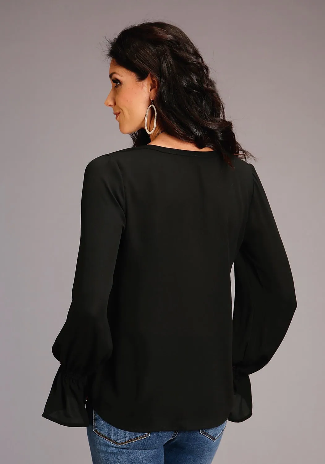 Stetson Womens Self Tie Peasant Black Polyester L/S Blouse Compact Fold Design