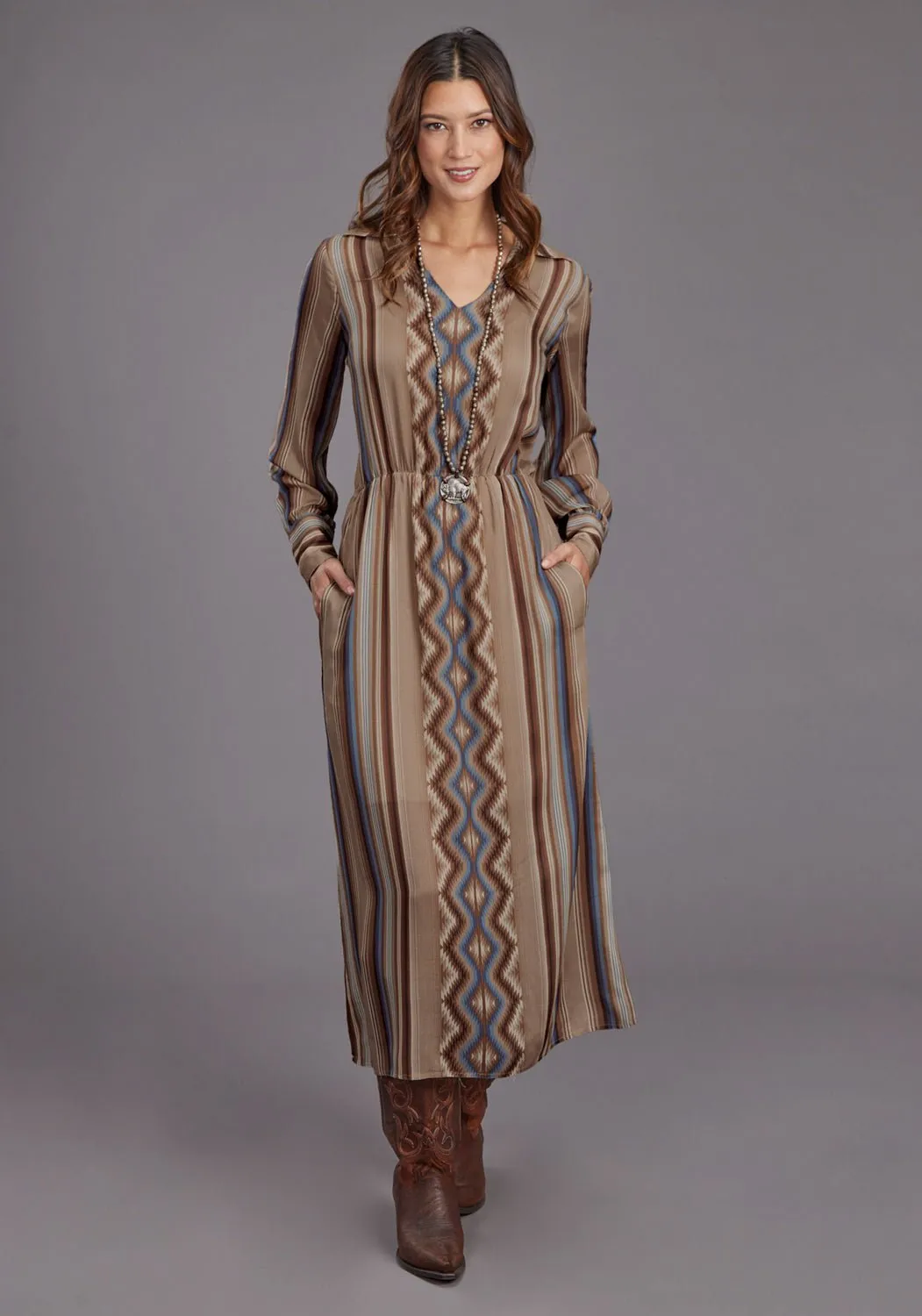 Sleek Waist Design Subtle design Stetson Womens Serape Herringbone Sand 100% Rayon L/S Dress