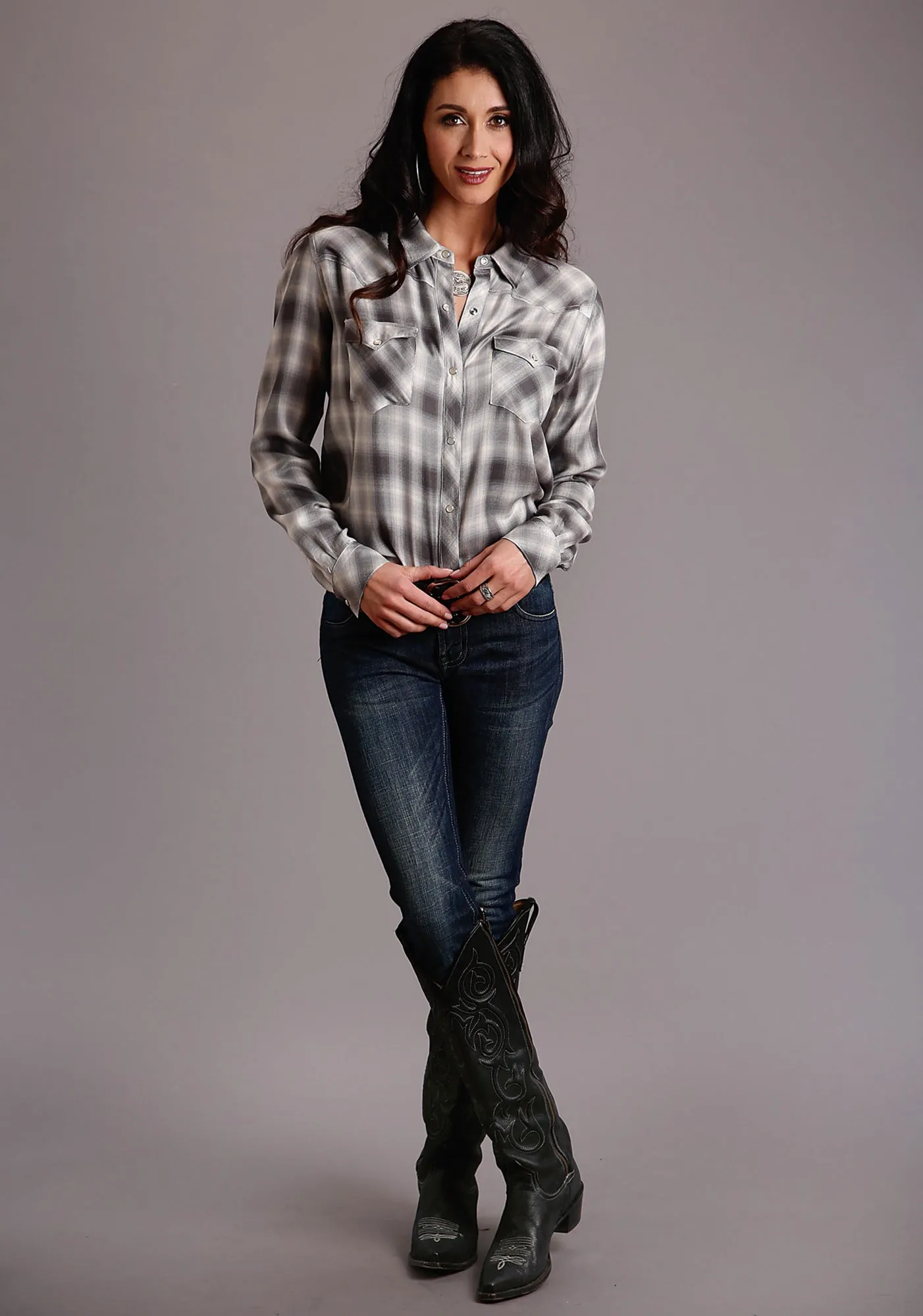Stetson Womens Smokey Grey Polyester Ombre Plaid L/S Shirt Classic Vibe