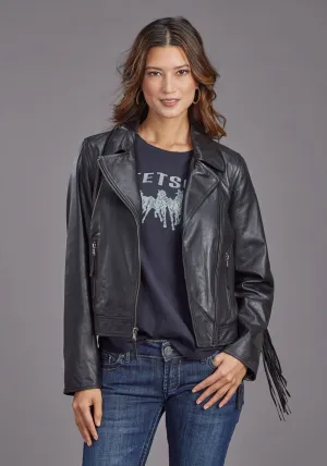 Stetson Womens Smooth Moto Style Black Leather Leather Jacket Utility Pockets Multi Purpose Pockets Stetson Womens Smooth Moto Style Black Leather Leather Jacket