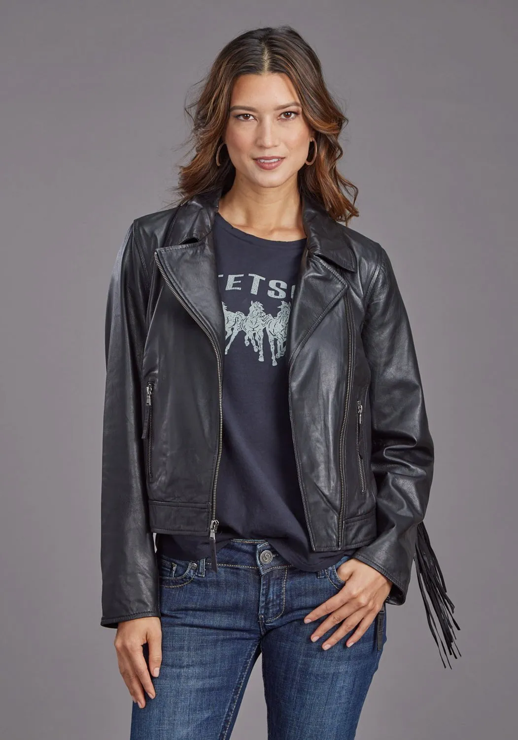 Stetson Womens Smooth Moto Style Black Leather Leather Jacket Casual Friday Picnic Style Nature Lover