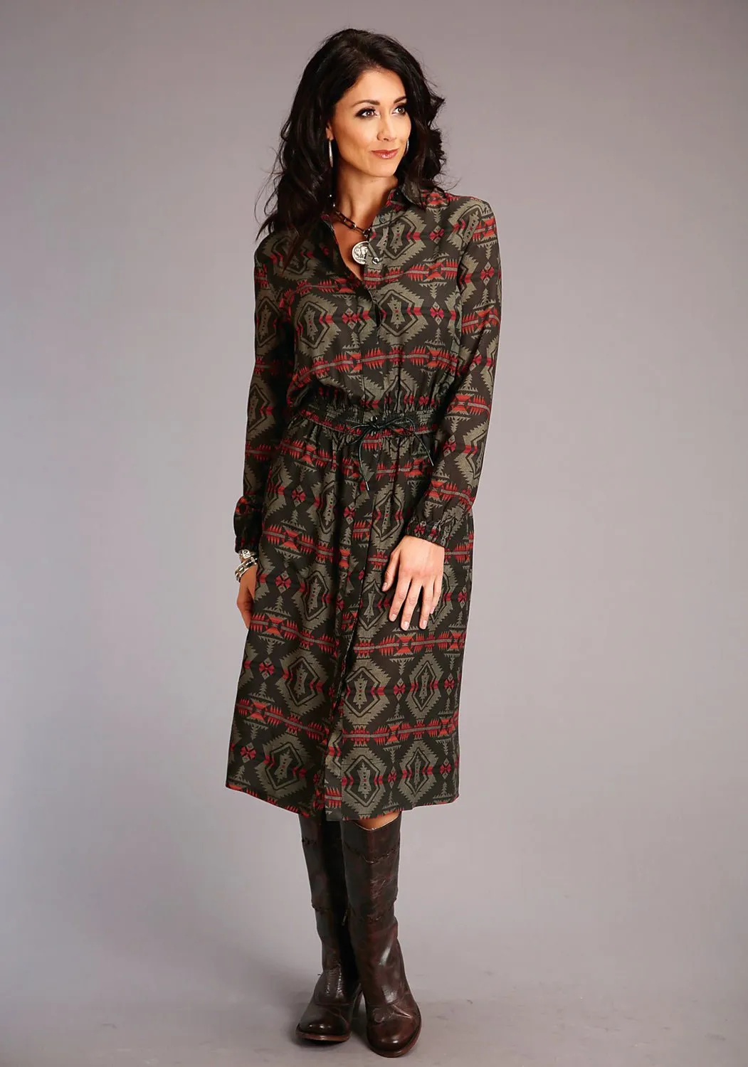 Stetson Womens Southwest Blanket Brown 100% Rayon L/S Dress Go-To Choice