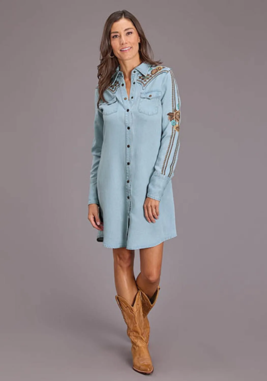 Stetson Womens Southwestern Snap Button Blue Lyocell L/S Dress Edgy Design