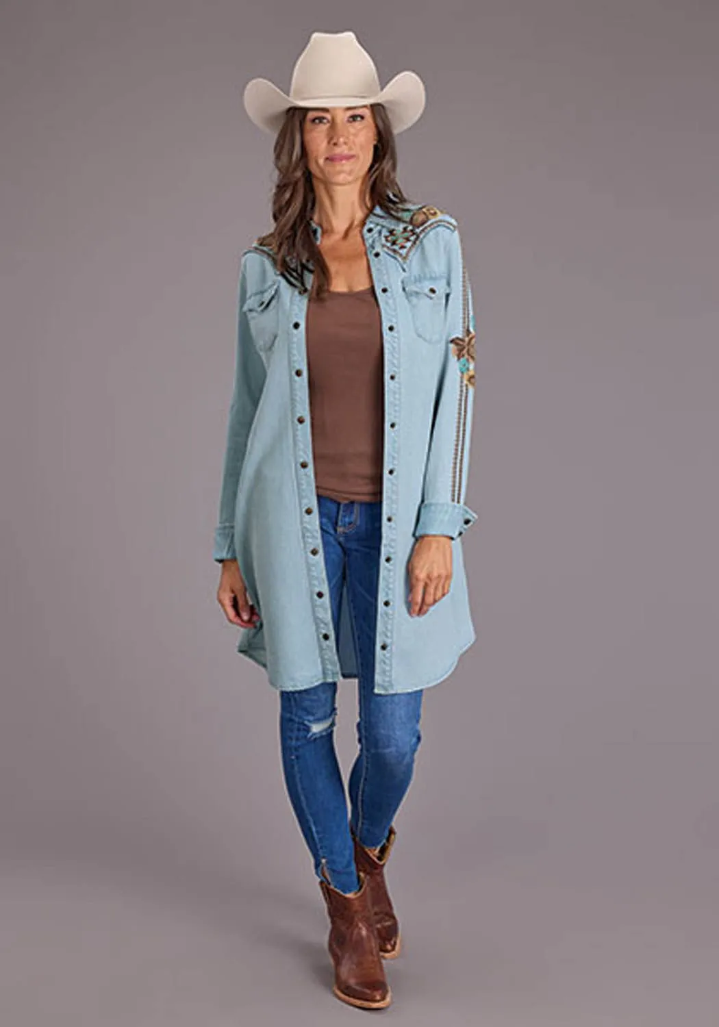 Nature Lover Shopping Day Everyday Stetson Womens Southwestern Snap Button Blue Lyocell L/S Dress