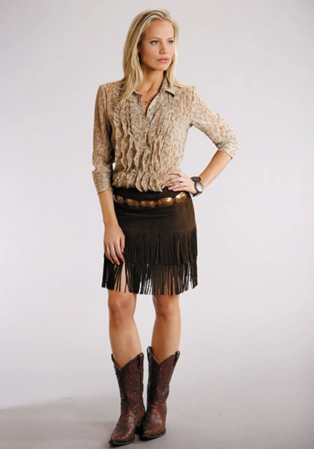 Stetson Womens Suede Fringe Brown Leather Skirt Layer Staple Relaxed Waist