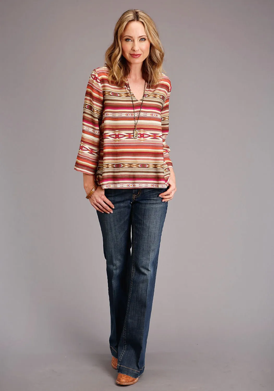 Stetson Womens Sunset Serape Rayon/Nylon Aztec S/S Blouse Minimal Design Functional Wear