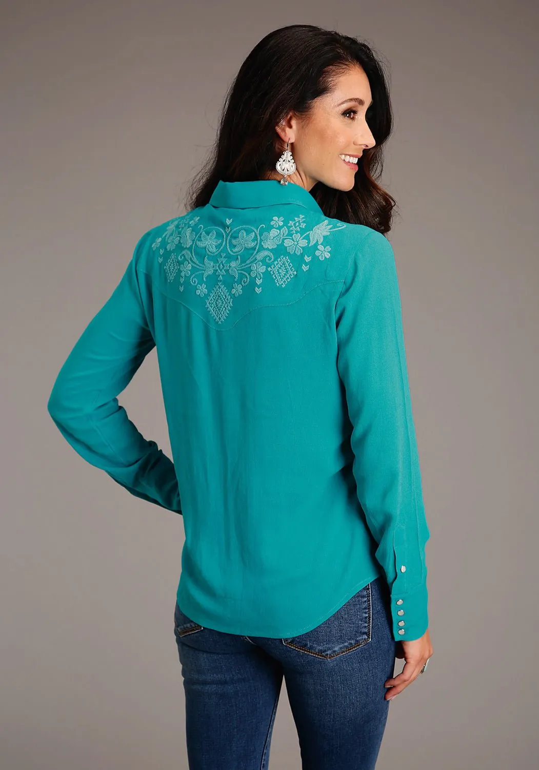 Stetson Womens Turquoise Western Embroidered Blue Rayon Blend L/S Blouse Athletic Cut
