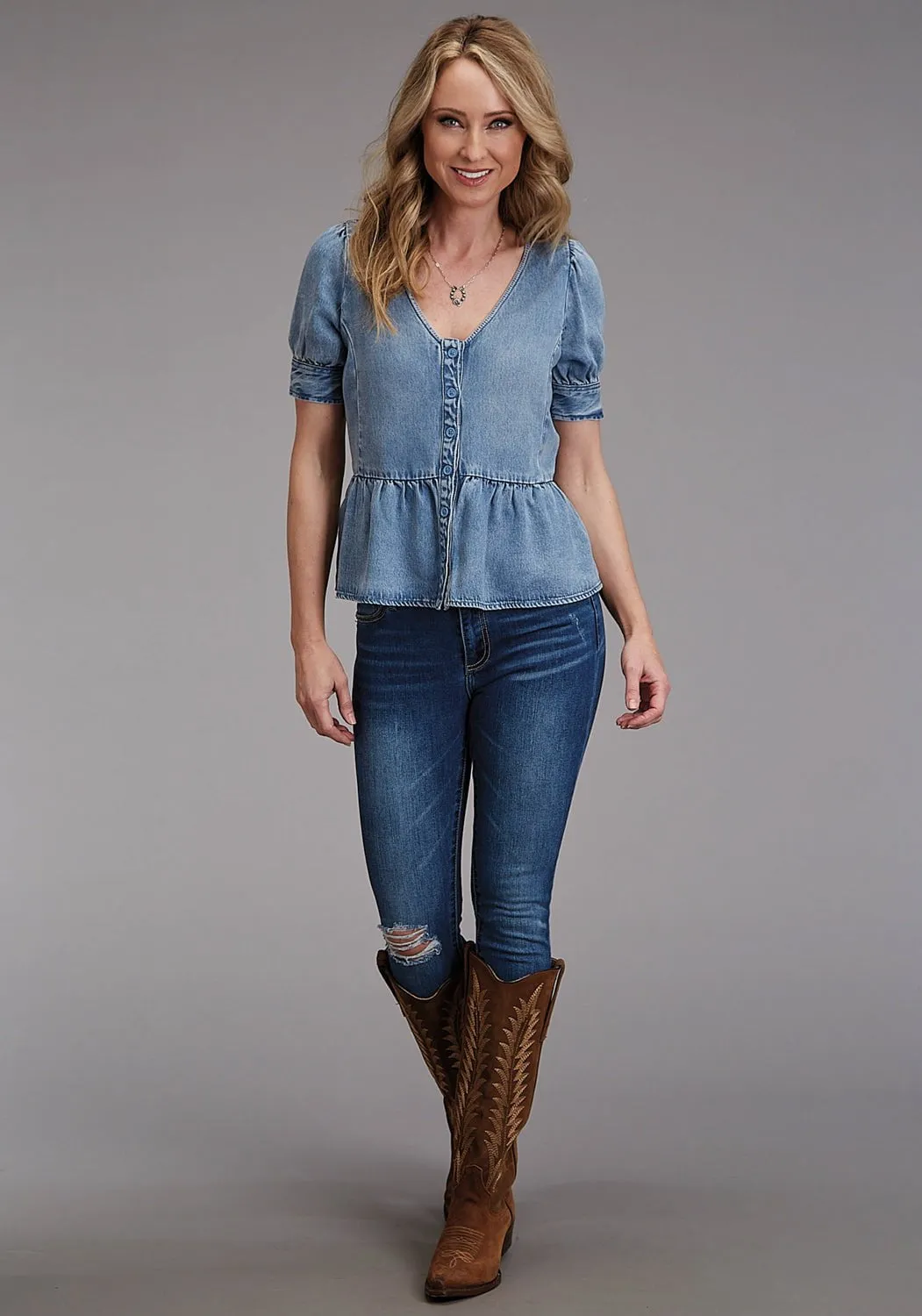Casual Elegance Stetson Womens V-Neck Baby Doll Blue Lyocell S/S Blouse