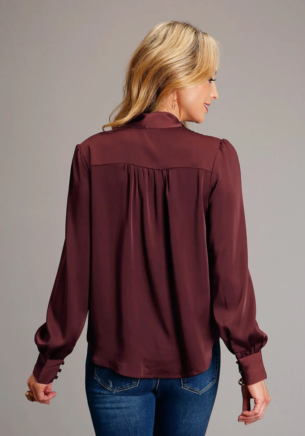 Metallic Finish Stetson Womens V-Neck Satin Wine Poly/Rayon L/S Blouse