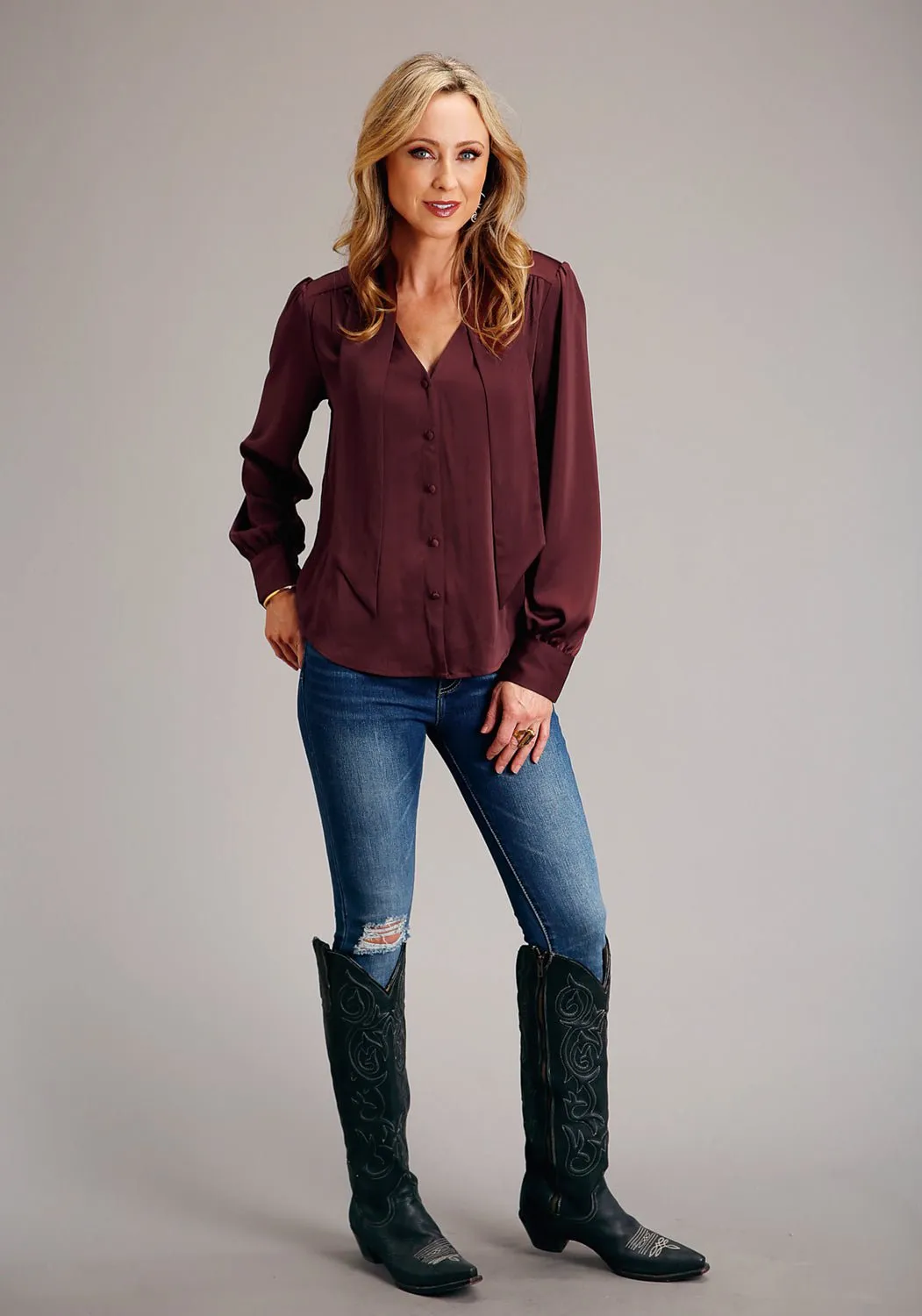 Stetson Womens V-Neck Satin Wine Poly/Rayon L/S Blouse Hiking Gear