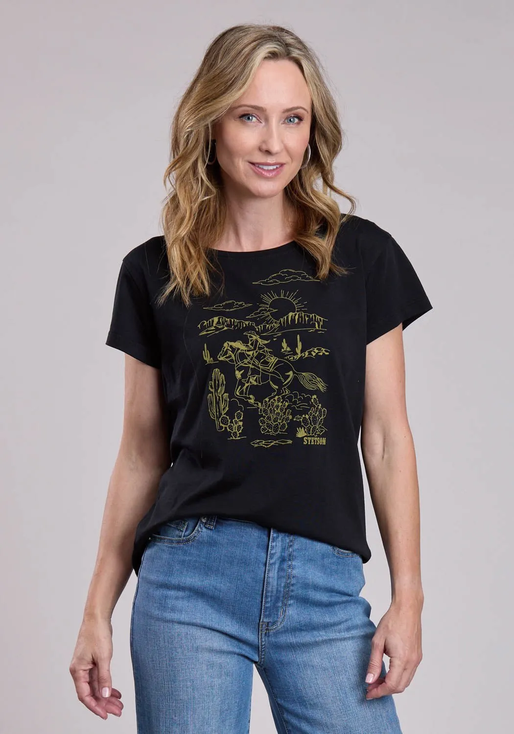 Stetson Womens Vintage Cowgirl Scene Black Cotton Blend S/S T-Shirt Comfy Fit Articulated Knee Shape