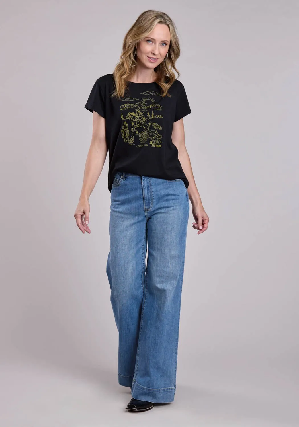 Durable Stitching crew neck Stetson Womens Vintage Cowgirl Scene Black Cotton Blend S/S T-Shirt