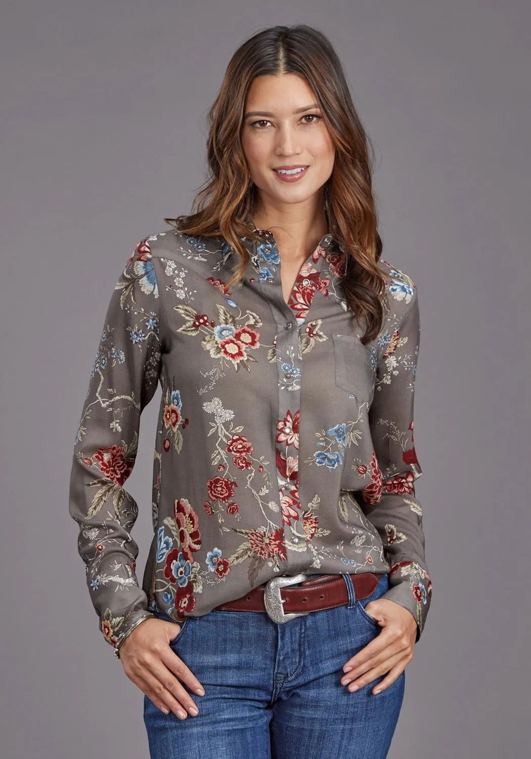 Active Lifestyle Stetson Womens Vintage Tapestry Grey 100% Rayon L/S Blouse