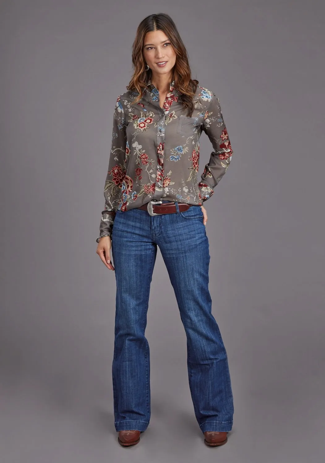 Stetson Womens Vintage Tapestry Grey 100% Rayon L/S Blouse handmade touch Reinforced Side Vents