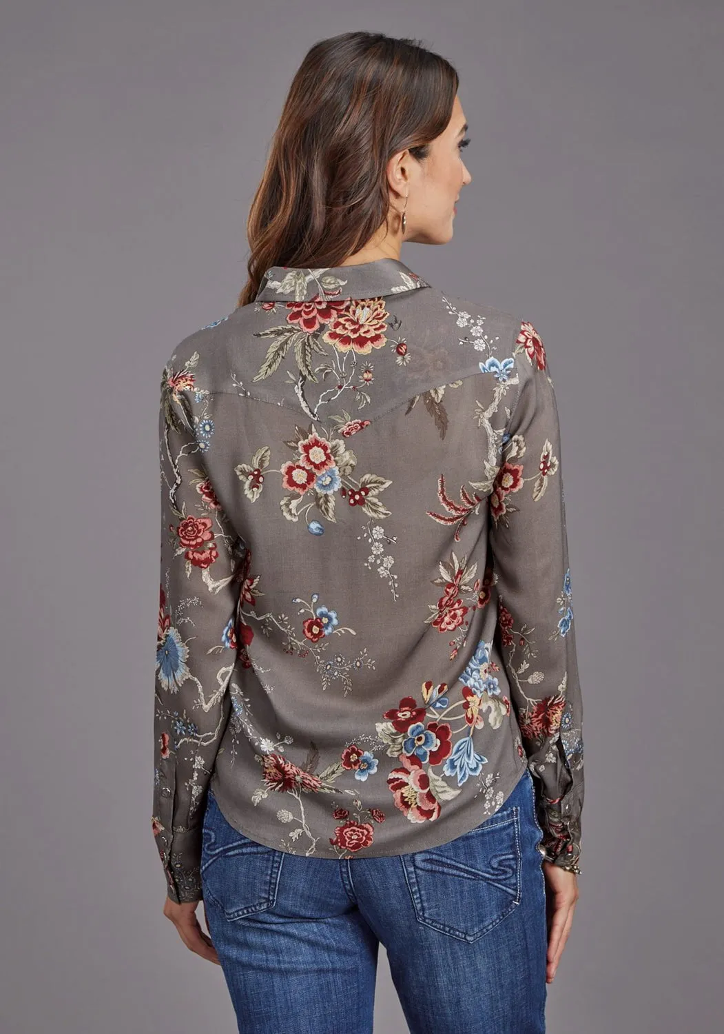 Stetson Womens Vintage Tapestry Grey 100% Rayon L/S Blouse Roll-Up Sleeve
