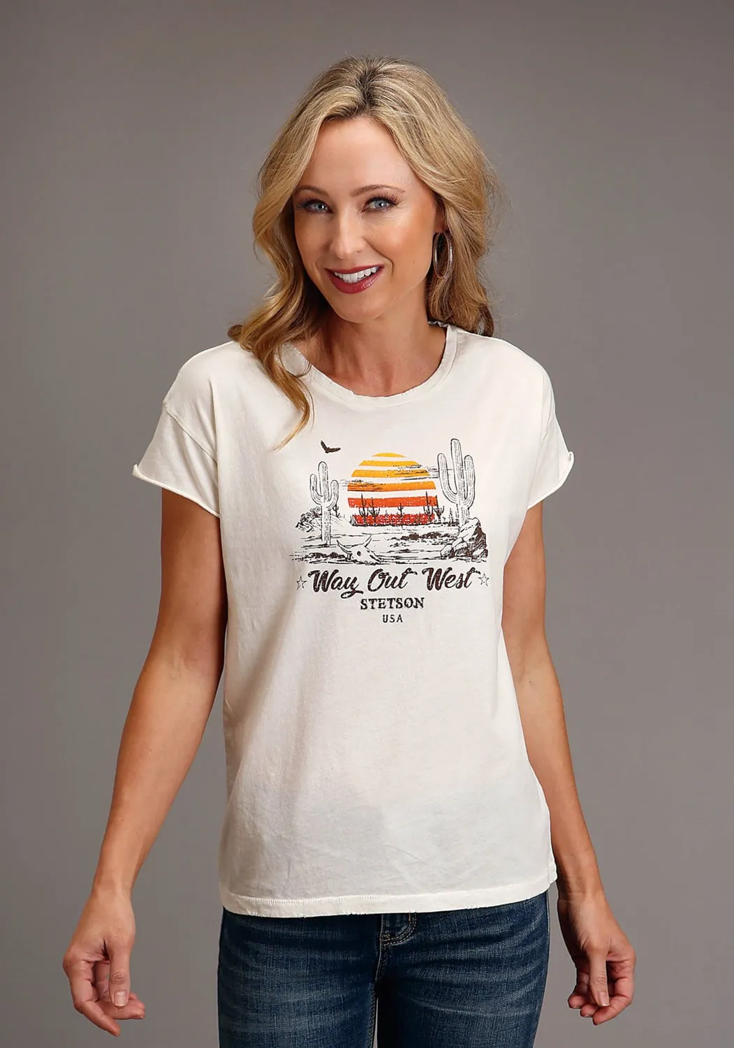 Stetson Womens Vtg White 100% Cotton Way Out West S/S Cactus T-Shirt Anti Pilling Finish