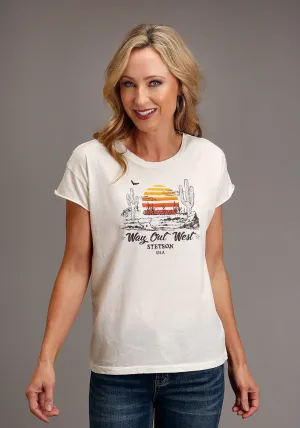Stetson Womens Vtg White 100% Cotton Way Out West S/S Cactus T-Shirt Flat Felled Seams Stetson Womens Vtg White 100% Cotton Way Out West S/S Cactus T-Shirt Anti Pilling Finish