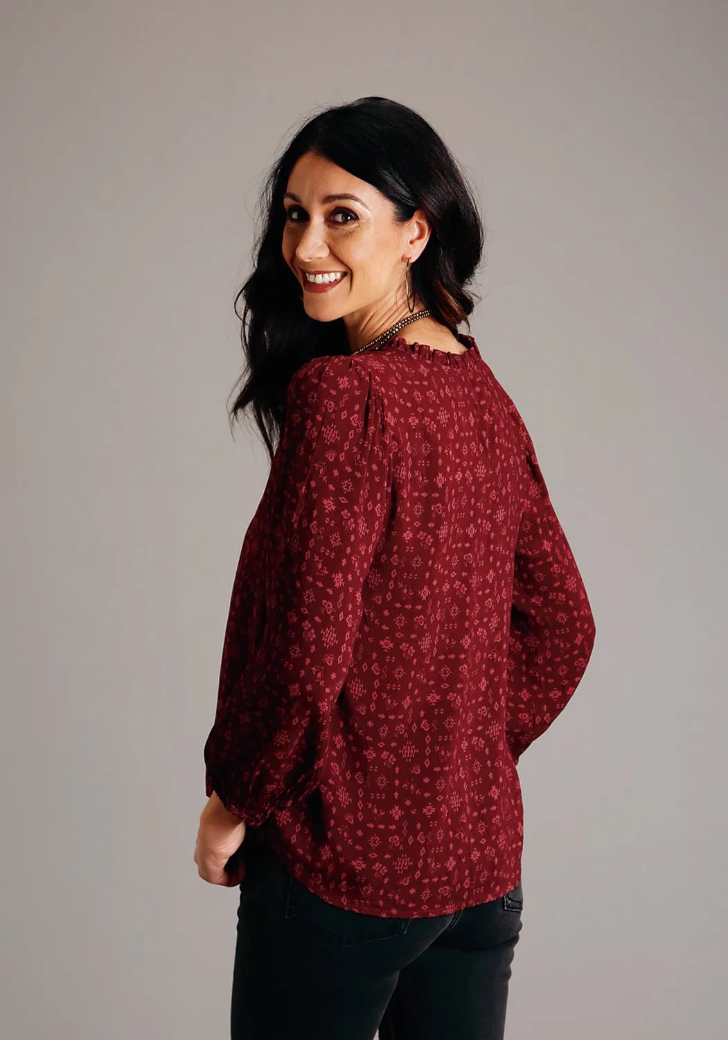 Stetson Womens Western Ditzy Wine Rayon/Nylon L/S Tunic Trendy designs