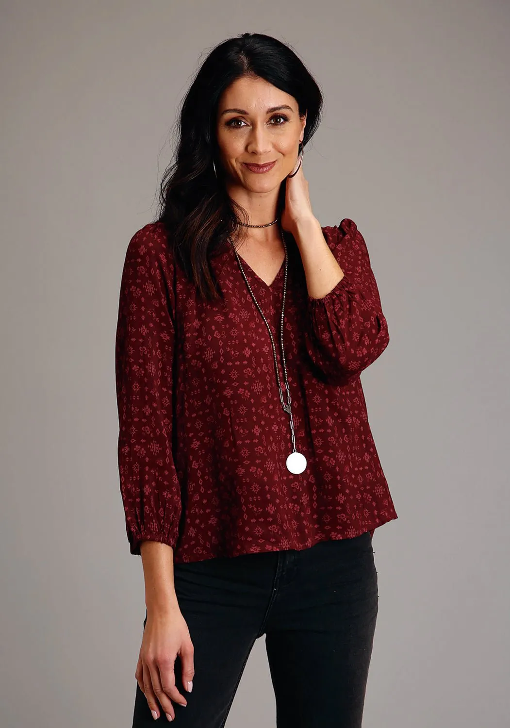 Midweight Textile Stetson Womens Western Ditzy Wine Rayon/Nylon L/S Tunic