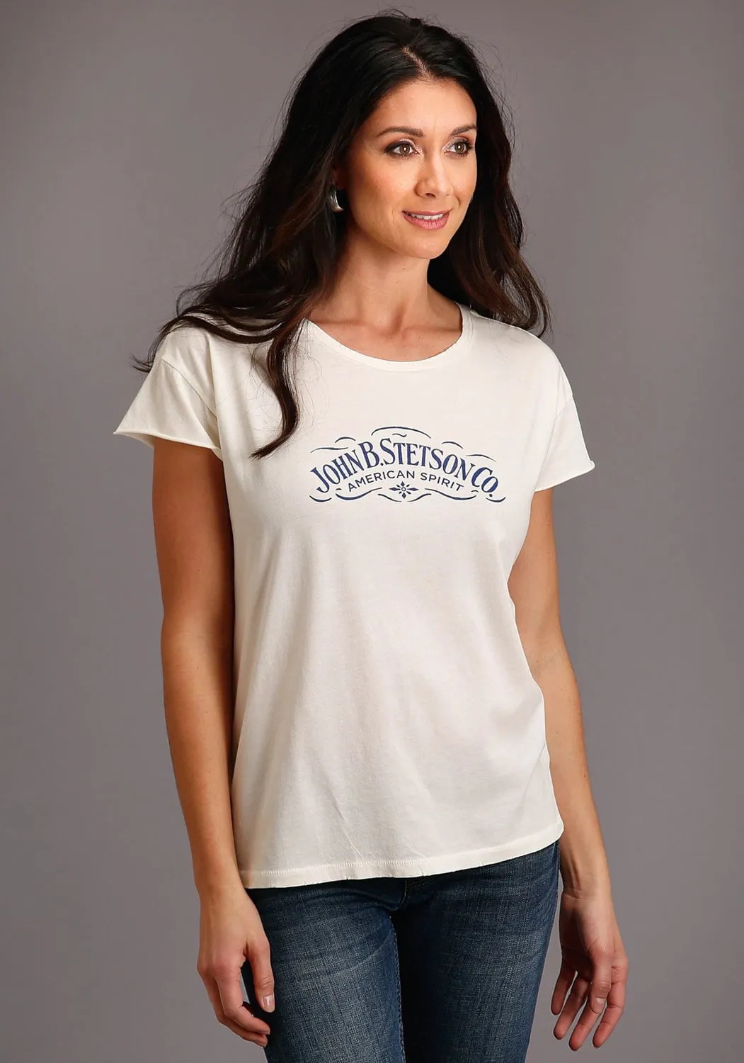 Stetson Womens White 100% Cotton American Spirit S/S T-Shirt Unique Design Work-to-Weekend