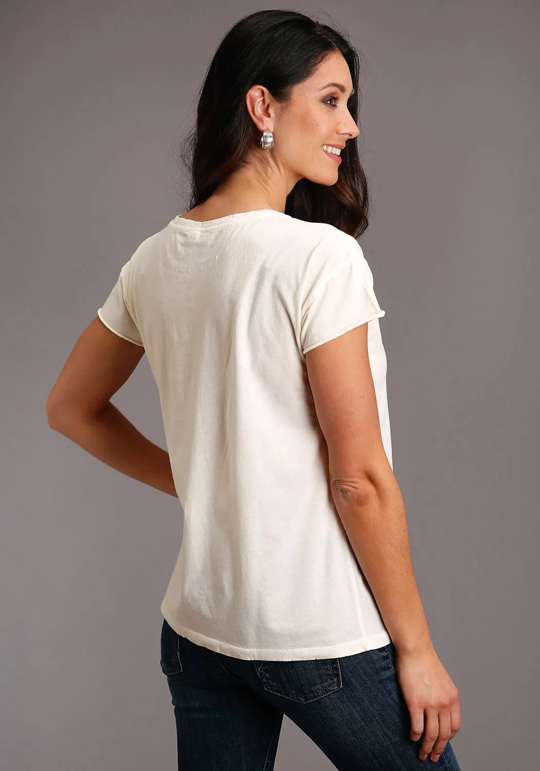 Stetson Womens White 100% Cotton American Spirit S/S T-Shirt Distressed finish Striped Design