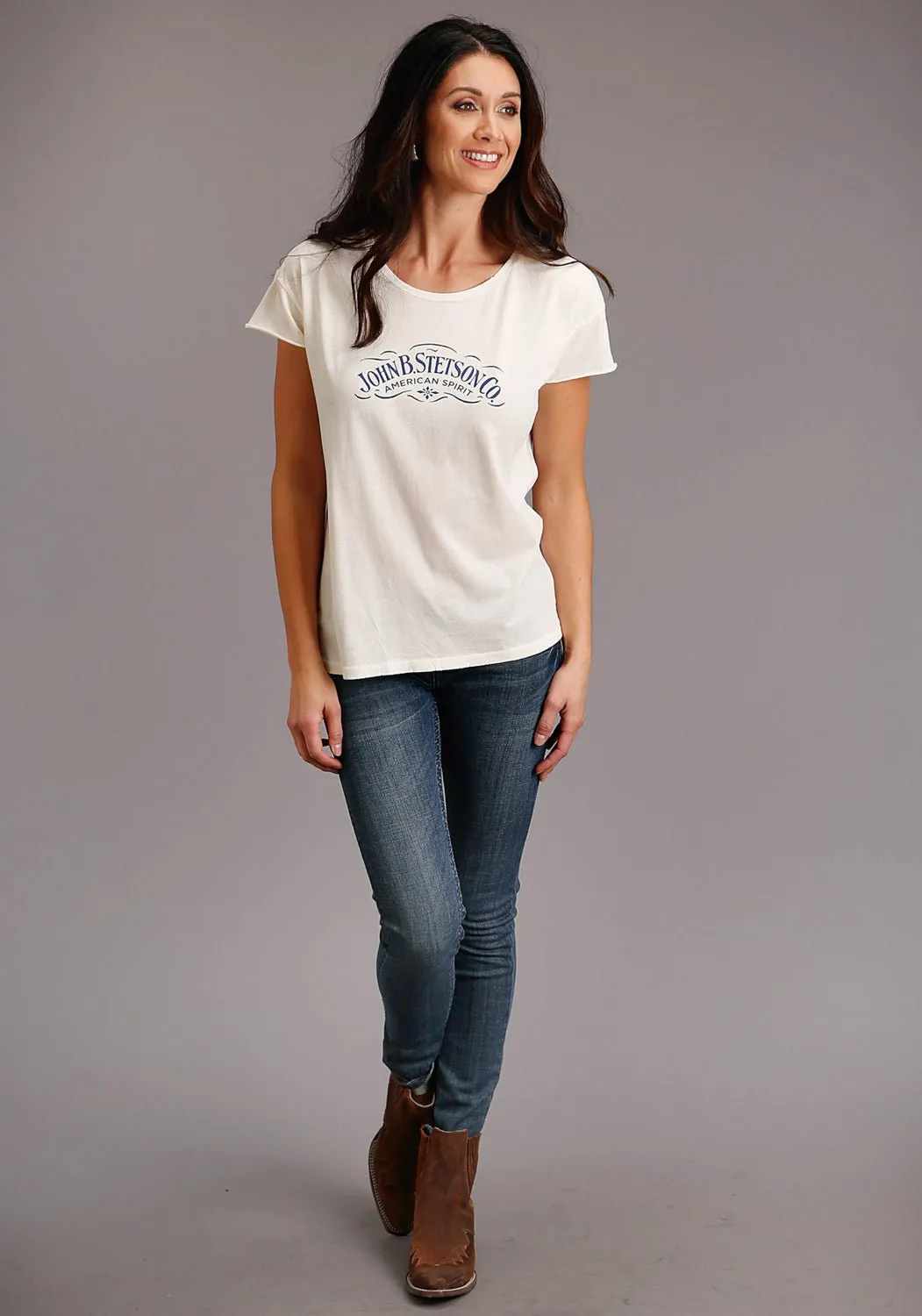 Stetson Womens White 100% Cotton American Spirit S/S T-Shirt Eco Friendly Production