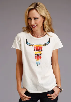 Stetson Womens White 100% Cotton Serape Longhorn S/S T-Shirt Wardrobe Staple Multi Functional Pockets Stetson Womens White 100% Cotton Serape Longhorn S/S T-Shirt