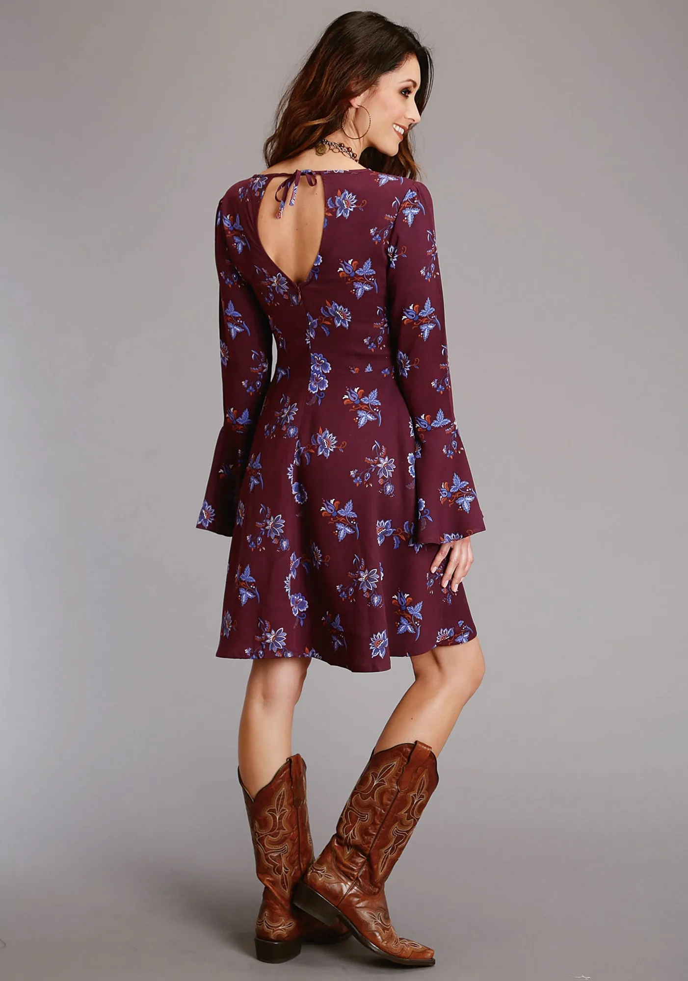Stetson Womens Wine Rayon/Nylon Floral Swing L/S Dress Motion Ease