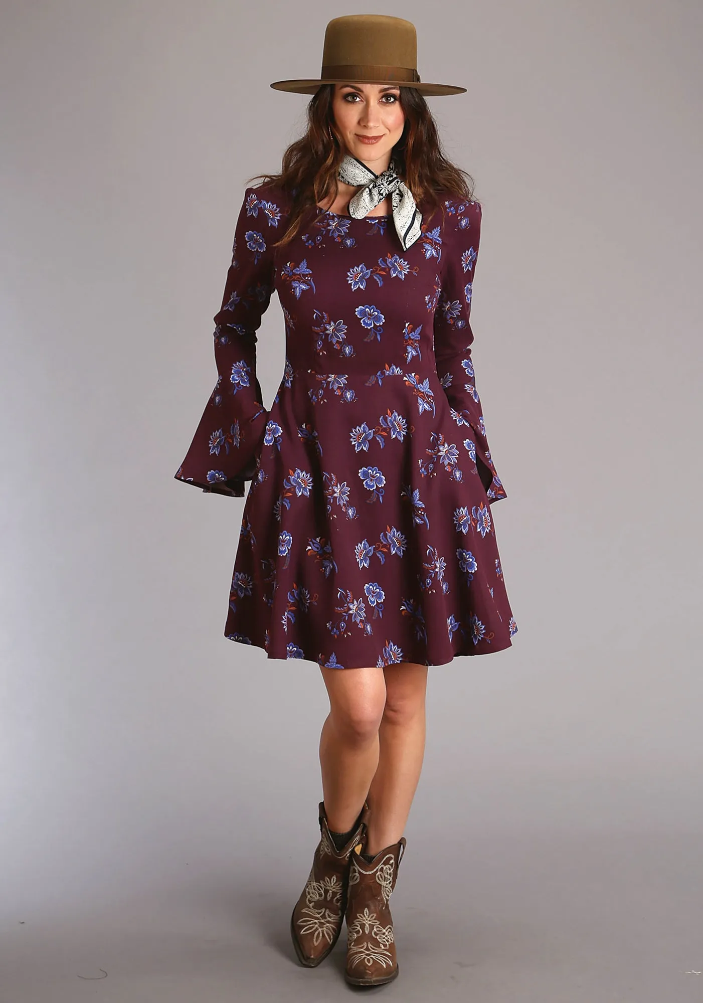 Stetson Womens Wine Rayon/Nylon Floral Swing L/S Dress Comfort Stretch Weave All Time Basic