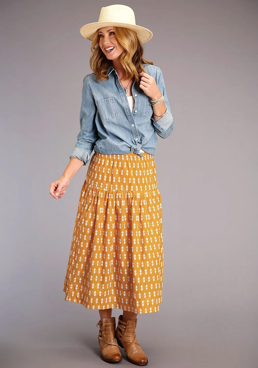 Stetson Womens Yellow 100% Cotton Aztec Schiffli Skirt Wardrobe Staple