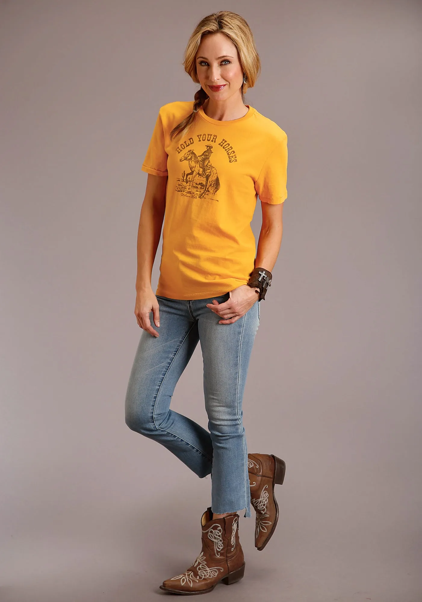Stetson Womens Yellow 100% Cotton Hold Your Horses S/S T-Shirt Unisex wear Street Wear