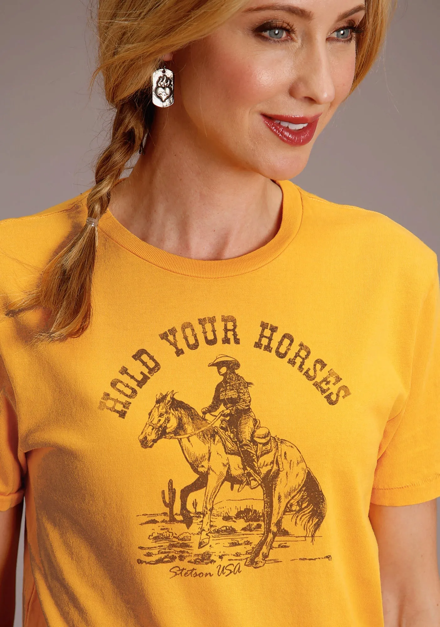 Active Wear Snag Resistant Fabric Stetson Womens Yellow 100% Cotton Hold Your Horses S/S T-Shirt